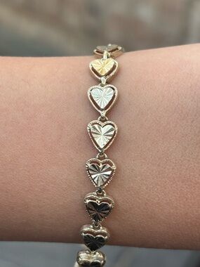 Vintage 925 Gold Over Sterling Heart Link Sweetheart Bracelet 7.5” Diamond Cut